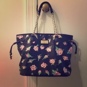 Betsey Johnson black floral tote gold accents